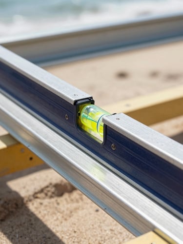 Close-up of a builder checking the alignment of a steel beam with a spirit level, bright natural daylight, sharp focus on the level bubble and steel texture.