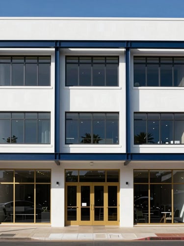 Straight-on architectural view of a newly renovated Durbanville commercial building under bright coastal daylight, crisp white walls and clean structural steel details.