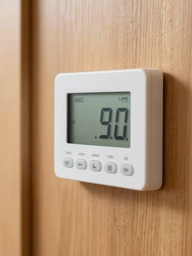 Close-up of a modern digital thermostat on a warm wooden wall, soft natural lighting, editorial style, 35mm