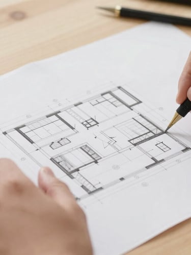 Close-up of hands drawing architectural plans on a wooden desk, drafting tools, natural side light, clean composition, 35mm