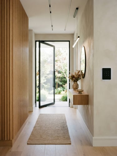 A warm editorial photograph of a modern, well-lit home entrance corridor, showcasing clean architectural lines and a subtle, elegant security keypad on the wall, bright natural daylight, 35mm