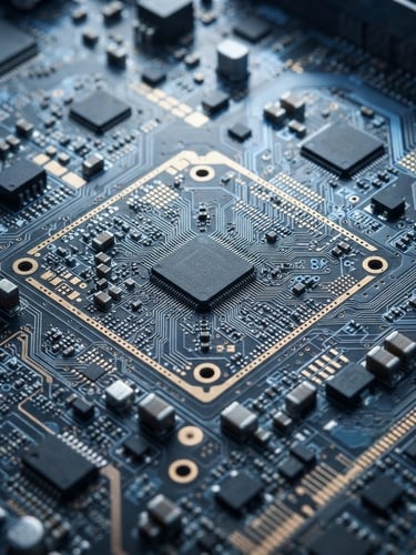 Macro close-up of a high-precision multi-layered circuit board, cool clinical studio lighting with sharp contrasts and subtle blue backlighting, technical blueprint aesthetic.