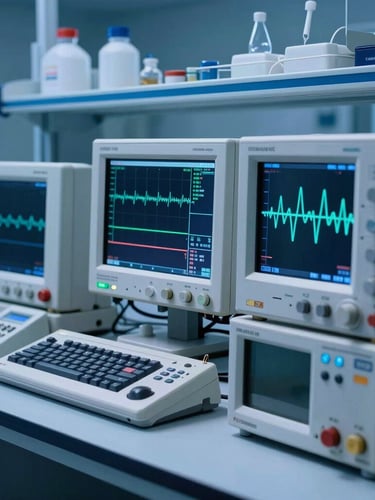A clean laboratory environment with high-tech testing equipment, oscilloscope screens showing complex waveforms, cool clinical blue backlighting, sharp technical focus