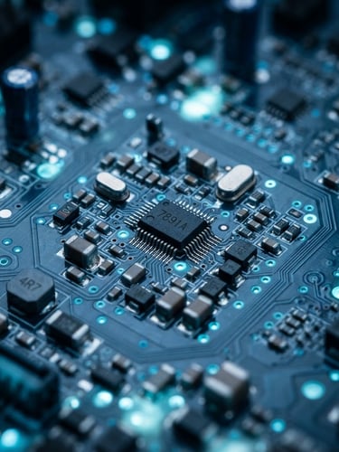 Macro close-up of a complex multilayer circuit board with cool clinical blue backlighting, sharp technical photography, depth of field, high-contrast details