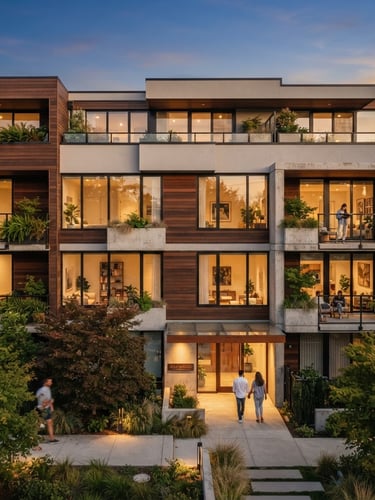 Wide-angle architectural photograph of a modern low-rise residential building facade with clean geometric lines, large glass windows, warm natural evening sunlight, 35mm.