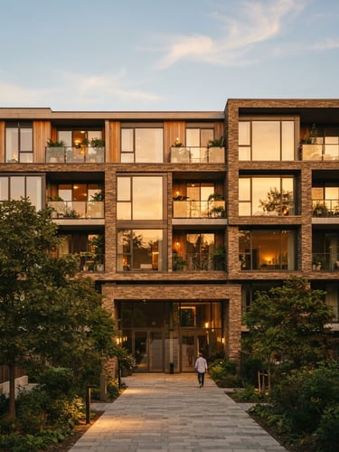 Warm architectural photography of a modern low-rise residential building exterior, soft golden hour sunlight reflecting off large glass windows, clean geometric brickwork, 35mm
