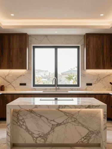 Straight-on architectural elevation of a luxury modern Saudi kitchen, warm natural window light, veined Calacatta marble countertops, integrated lighting, warm walnut cabinetry, 35mm photography