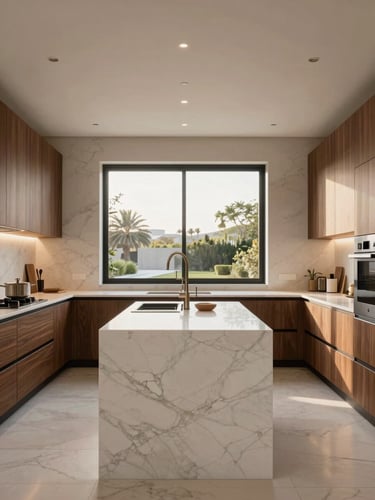 Straight-on architectural photography of a luxury Saudi villa kitchen, warm natural light from a large window, premium white marble island, sleek integrated appliances, minimalist walnut cabinets, 35mm