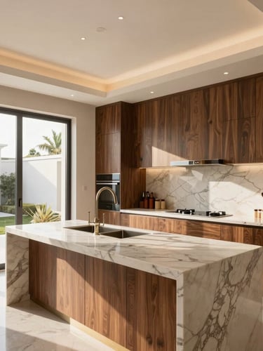 Wide-angle architectural shot of a luxurious Saudi villa kitchen, warm natural daylight streaming through windows, walnut cabinetry and veined marble countertops, premium modern details, 35mm