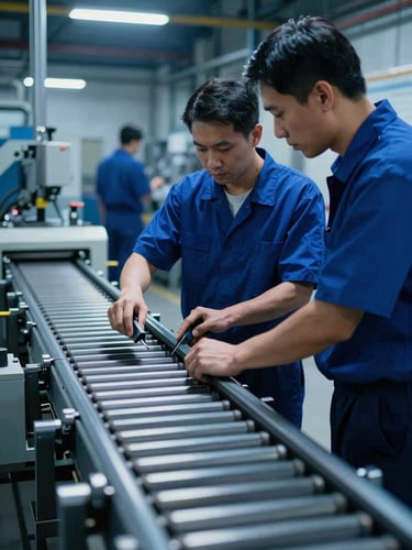 Industrial technician demonstrating belt tracking calibration on a conveyor system to a plant manager, focused interaction, high-contrast lighting, cool blue tones, 35mm