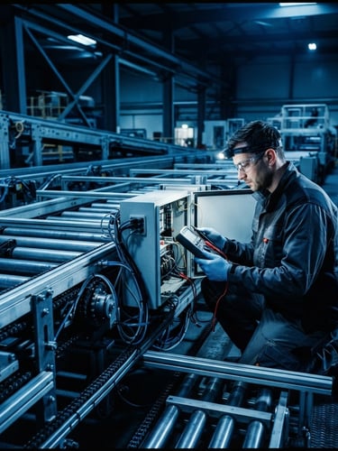 Technician performing diagnostics on a complex conveyor belt system, high-contrast industrial lighting, cool blue tones, sharp metallic details, 35mm