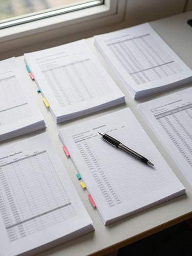 Overhead composition of a clean desk surface, organized transaction documents arranged in neat stacks with color-coded tabs, a pen resting precisely on an open checklist, bright even daylight from a window at frame edge