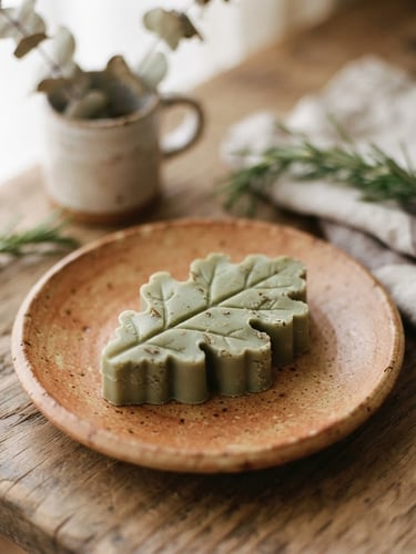 Gros plan sur un fondant parfumé en forme de feuille, posé sur un plat en céramique brute, avec un éclairage doux et diffusé, tons terre cuite et sauge, textures tactiles, faible profondeur de champ.