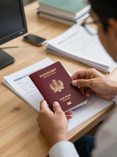 A professional visa consultant in New Delhi reviewing physical passport and visa documents under warm office lighting, authentic documentary style