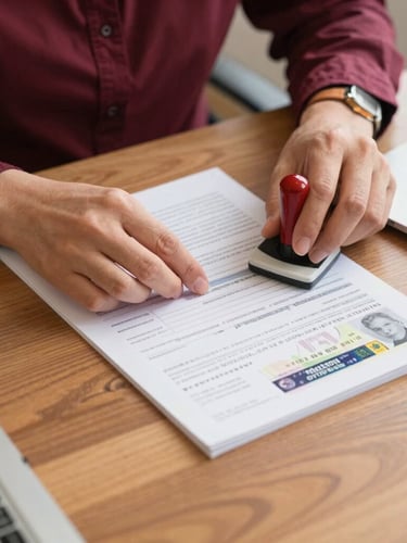 Hands of a consultant carefully stamping and organizing visa application forms on a wooden desk, warm editorial style