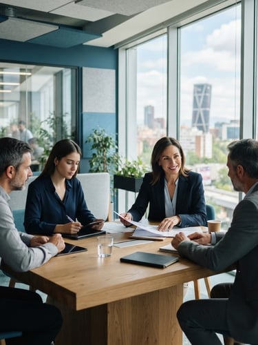 Bright modern corporate office in Madrid, professional executives collaborating around a wooden table, soft window light, clean blue and gray tones, shallow depth of field, 35mm