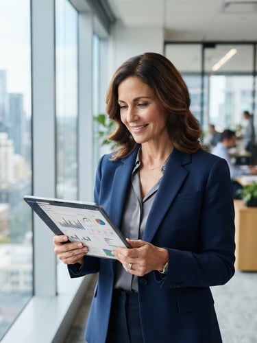 Portrait of a confident female HR director in a bright modern office, looking at a tablet showing analytics, clean corporate photography, bright natural office light, professional blue and gray tones, shallow depth of field, 35mm