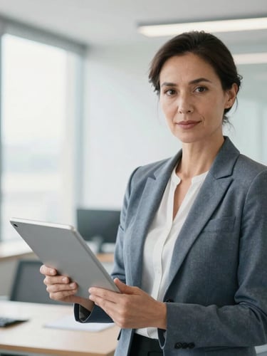 Portrait of a confident female executive in her 40s in a bright, modern corporate office, holding a digital tablet displaying clean business metrics, soft natural lighting, professional blue and gray tones, 35mm