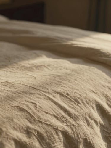 Extreme close-up of tactile details in a luxury hotel room, soft linen sheets catching morning sun, warm sand tones, shallow depth of field, 35mm film aesthetic
