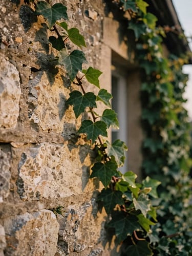 Tactile close-up of weathered stone wall and climbing green ivy at an ancient estate, soft overcast daylight, cinematic warm tones, shallow depth of field.