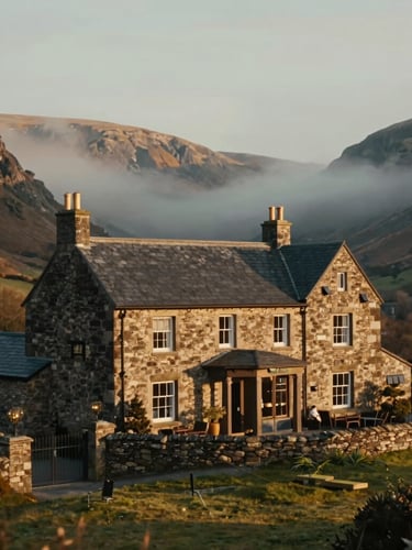 Cinematic wide shot of a boutique stone hotel nestled in a misty Welsh valley at golden hour, soft natural light, rich warm tones, 35mm film aesthetic.