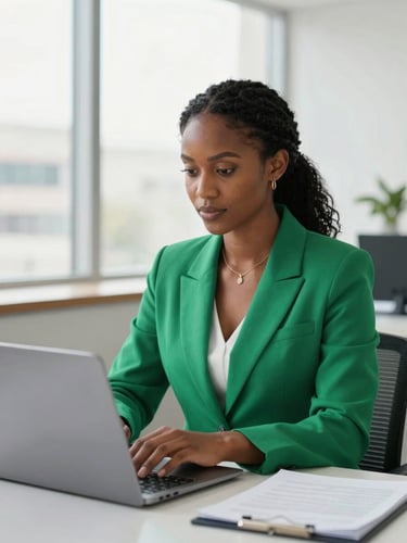 A focused professional Motswana woman working on a laptop in a bright Gaborone office, natural daylight, emerald green accents, professional editorial photography