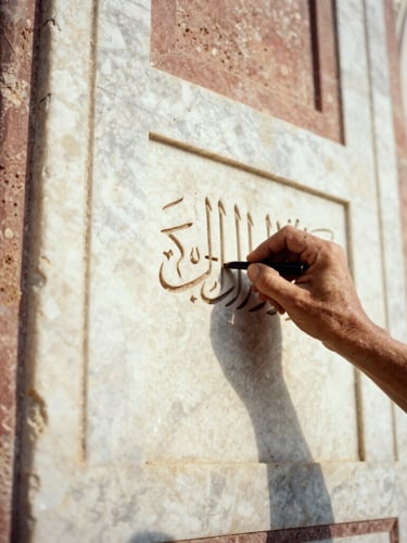 A close-up of weathered hands tracing ancient Arabic calligraphy carved into the white marble of a Mughal archway, soft dusty light, high contrast, 35mm film.