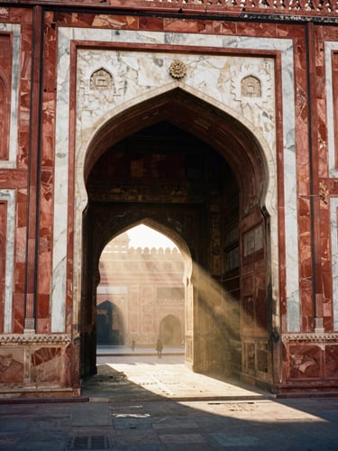 High-contrast architectural photograph of the grand eastern gate of Jama Masjid, dusty shafts of morning light illuminating the red sandstone archway, 35mm film.