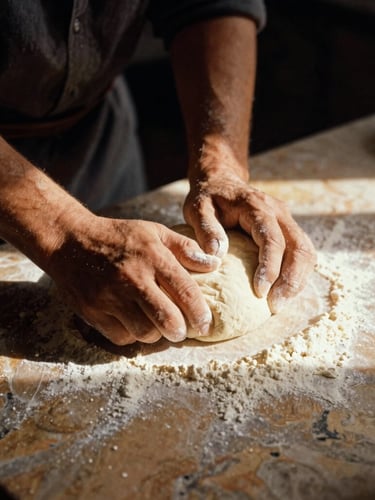 Close-up of weathered hands kneading dough on a stone counter, flour dust catching a sharp beam of golden sunlight, high contrast, 35mm film.