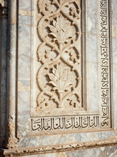 Intimate macro shot of intricate Mughal floral carvings and Persian calligraphy inlaid in white marble, weathered stone textures, high-contrast side lighting, 35mm film