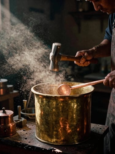 A copper-smith hammering a large brass vessel in a tiny, dark workshop, shafts of golden dusty light illuminating the metallic glint and floating dust particles, 35mm film.