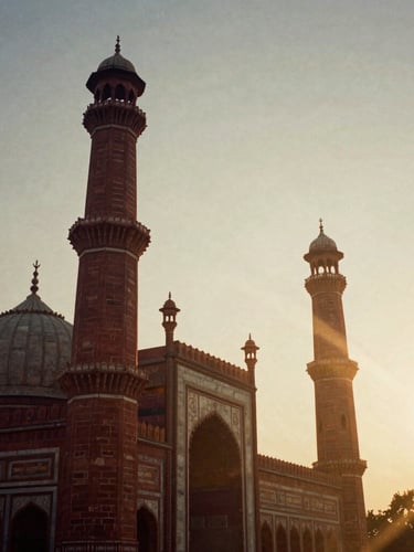 Low-angle 35mm film shot of the towering red sandstone minarets of Jama Masjid against a dramatic golden hour sky, dusty shafts of light, architectural grandeur