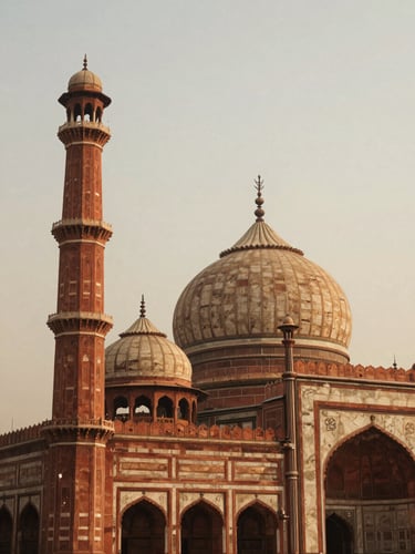 Low-angle architectural view of Jama Masjid's massive red sandstone dome and minarets rising against a dusty golden-hour sky, high contrast, 35mm film.