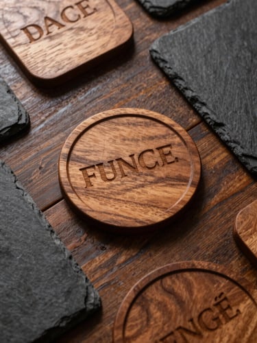 Overhead flat-lay of custom engraved wooden coasters and slate plates on a rustic workshop table, warm side-lighting, rich textures