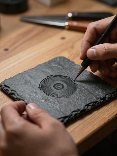 Hands of a French craftsman inspecting a finished laser-engraved slate coaster, warm workshop lighting, dramatic side-light, rich textures, 50mm lens