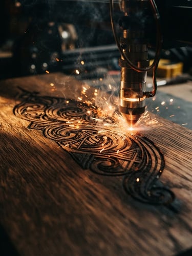 Close-up of laser engraving in progress with visible sparks on dark oak wood, warm dramatic side-lighting, shallow depth of field, 50mm lens