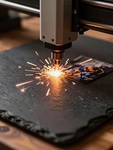 Close-up of a laser engraving machine beam carving a photo onto a dark slate plate, bright sparks, warm dramatic side-lighting