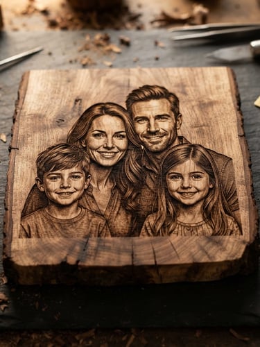 Overhead macro shot of a laser-engraved wooden family portrait, warm workshop lighting, high texture detail, shallow depth of field