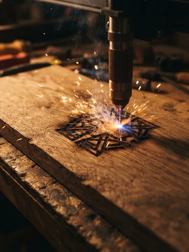 Macro shot of a laser beam engraving a raw oak plank, warm side-lighting, sparks flying, shallow depth of field, 50mm lens