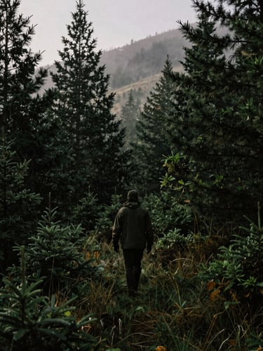 A hunter's silhouette walking through early morning mountain mist, dark pine trees in the background, low-key natural light