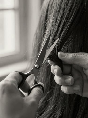 Crisp close-up of hands, precise and steady, executing a detailed hair cut with professional shears, hair texture visible, soft directional window light, high-contrast monochrome with warm undertones, shallow depth of field.