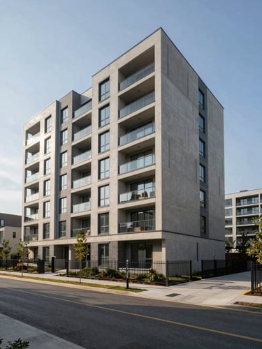 Wide standoff exterior of a modern multi-unit residential development, concrete and glass facade, natural daylight from the left casting clean material shadows, empty streetscape in foreground emphasizing massing and neighborhood scale