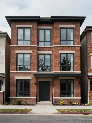 Standoff shot of a completed residential building facade, north-facing overcast light rendering brick and glass cladding with even material clarity, empty sidewalk in foreground, neighboring structures providing neighborhood context