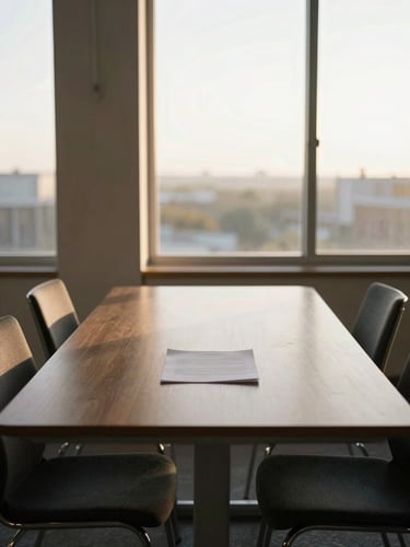 Empty mediation table with two chairs on opposite sides, a shared document in the center, late afternoon natural light through tall windows, calm neutral interior, no people present