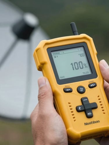 Close-up of a professional yellow handheld satellite signal meter displaying a 100% signal strength bar, held by a technician outdoors.