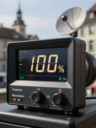 Close-up of a professional digital satellite signal strength meter showing 100% signal lock under a bright Lausanne sky