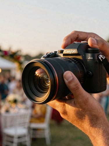 Close-up of a professional camera held by a photographer, warm golden-hour light reflecting off the lens, soft-focus background of a festive outdoor wedding venue.
