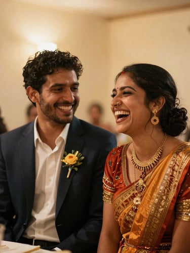 A candid moment of a couple laughing during their reception, warm ambient indoor light, shallow depth of field, natural expressions.