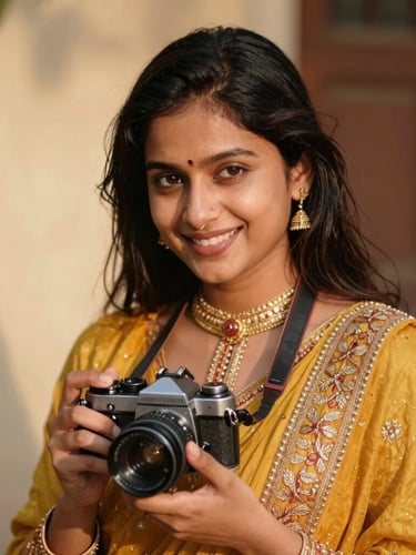 A warm, welcoming portrait of a South Asian photographer in elegant attire, smiling gently, holding a vintage camera, soft natural side lighting, editorial aesthetic