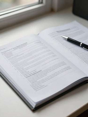 Close-up medium shot of an open compliance folder on a desk, printed documents with visible regulatory headers and stamps, a pen resting alongside, daylight from a window illuminating the papers, clean office surface, no people visible